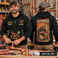 Plumber wearing Behind Every Connection quarter-zip hoodie in their workplace; product introduction and shopping call to action