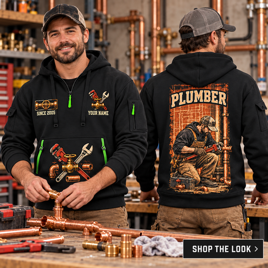 Plumber wearing Behind Every Connection quarter-zip hoodie in their workplace; product introduction and shopping call to action