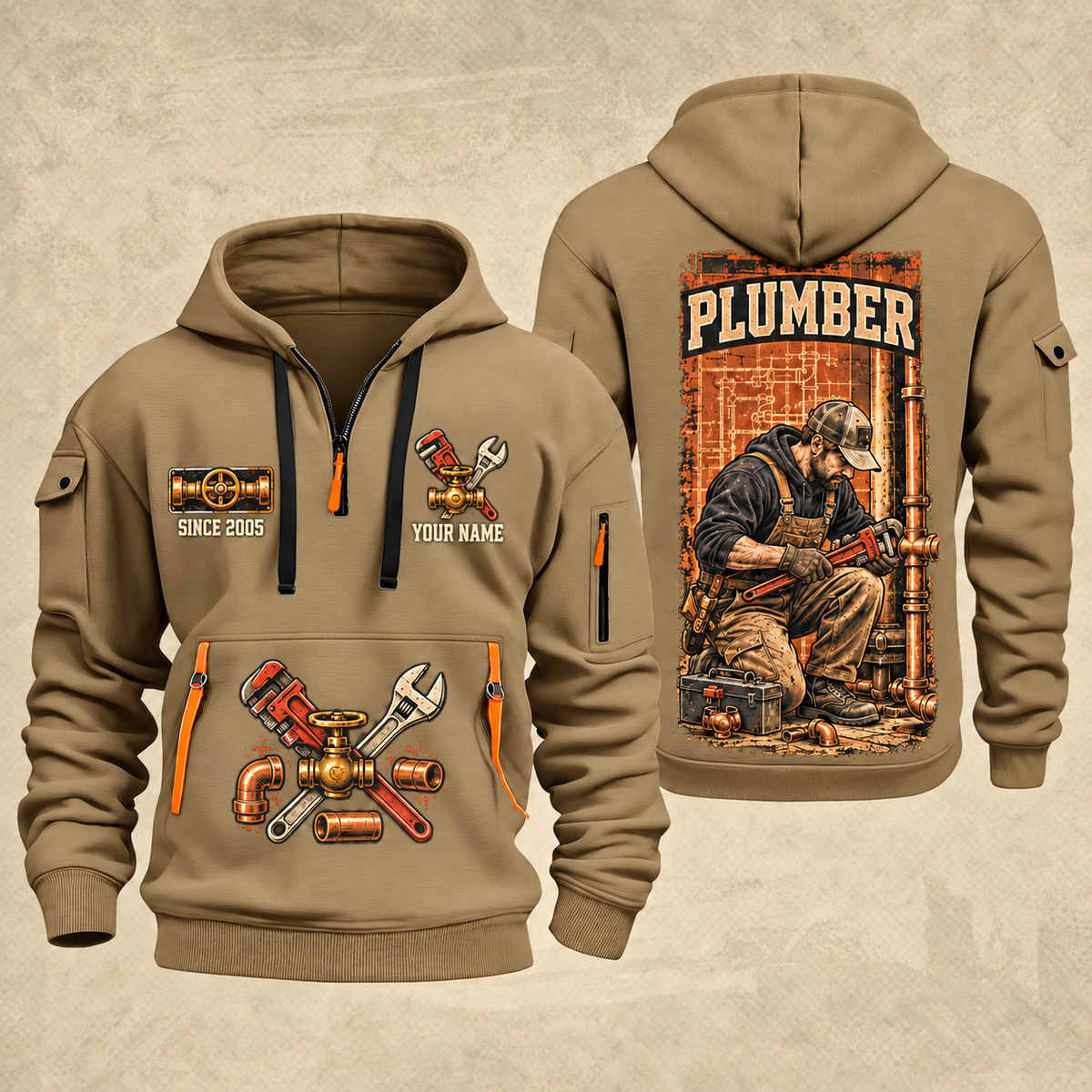 Plumber Behind Every Connection quarter-zip hoodie in Khaki, front and back, YOUR NAME and SINCE 2005 artwork