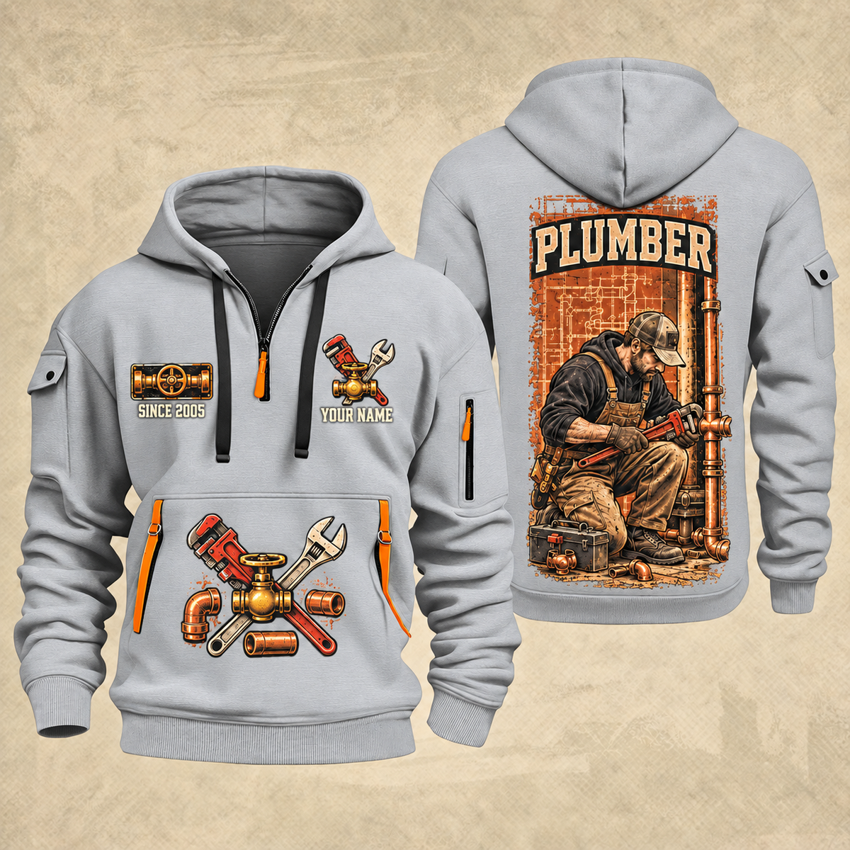 Plumber Behind Every Connection quarter-zip hoodie in Light Grey, front and back, YOUR NAME and SINCE 2005 artwork