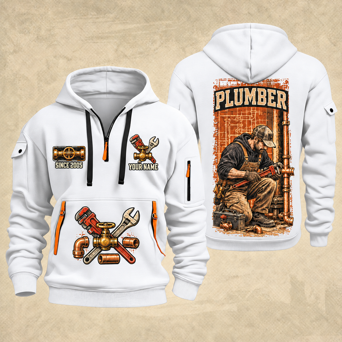 Plumber Behind Every Connection quarter-zip hoodie in White, front and back, YOUR NAME and SINCE 2005 artwork