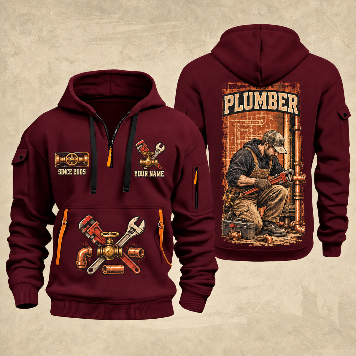 Plumber Behind Every Connection quarter-zip hoodie in Wine Red, front and back, YOUR NAME and SINCE 2005 artwork