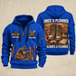 Plumber Once A Plumber quarter-zip hoodie in Blue, front and back, YOUR NAME and SINCE 2005 artwork