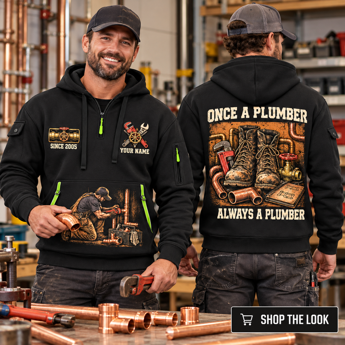 Plumber wearing Once A Plumber quarter-zip hoodie in their workplace; product introduction and shopping call to action