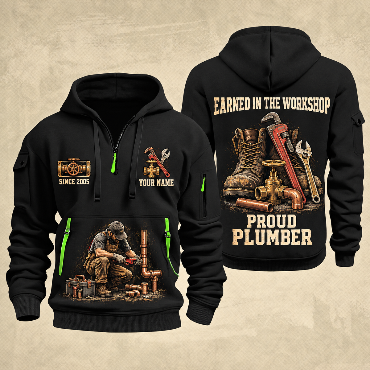Plumber Earned Every Turn quarter-zip hoodie in Black, front and back, YOUR NAME and SINCE 2005 artwork