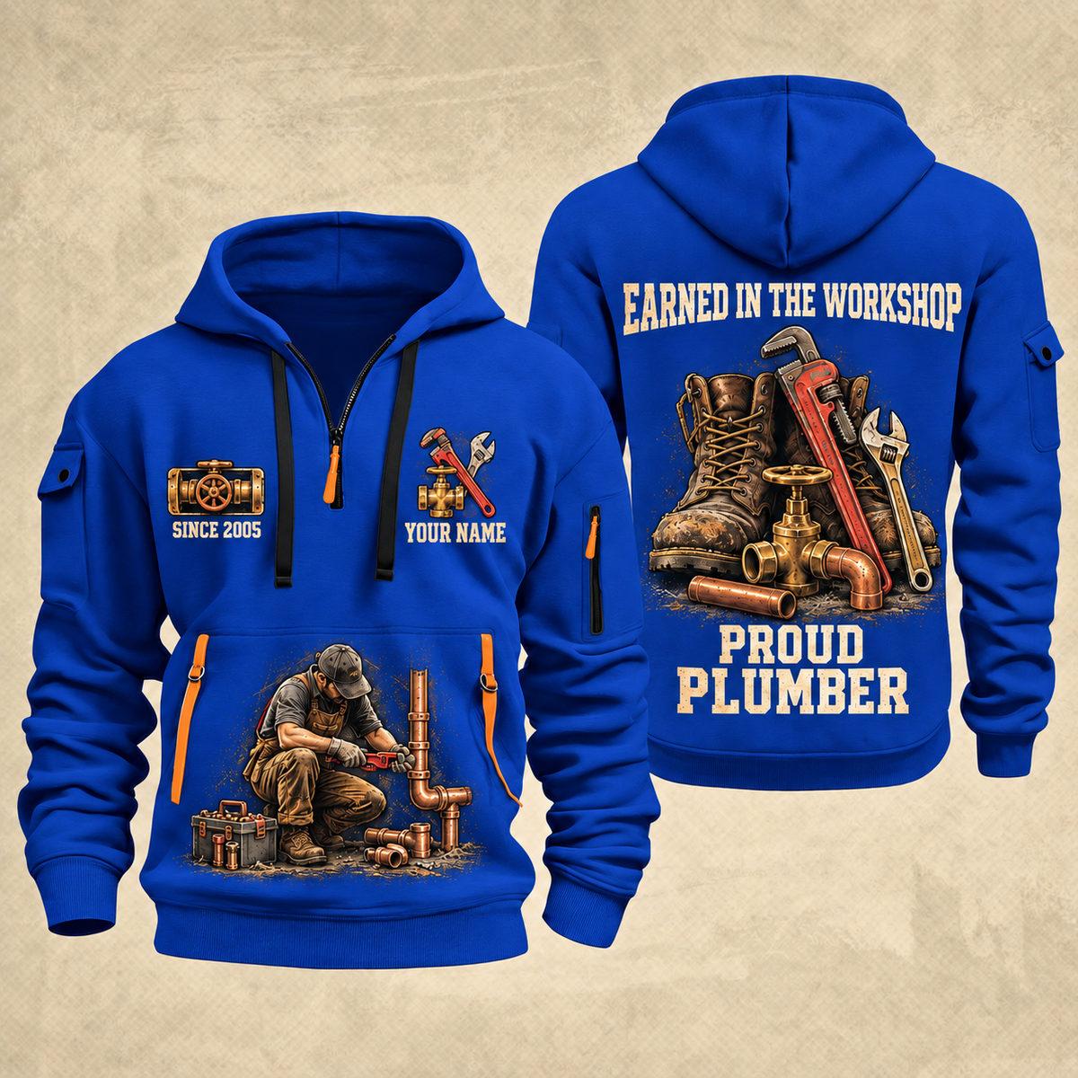 Plumber Earned Every Turn quarter-zip hoodie in Blue, front and back, YOUR NAME and SINCE 2005 artwork