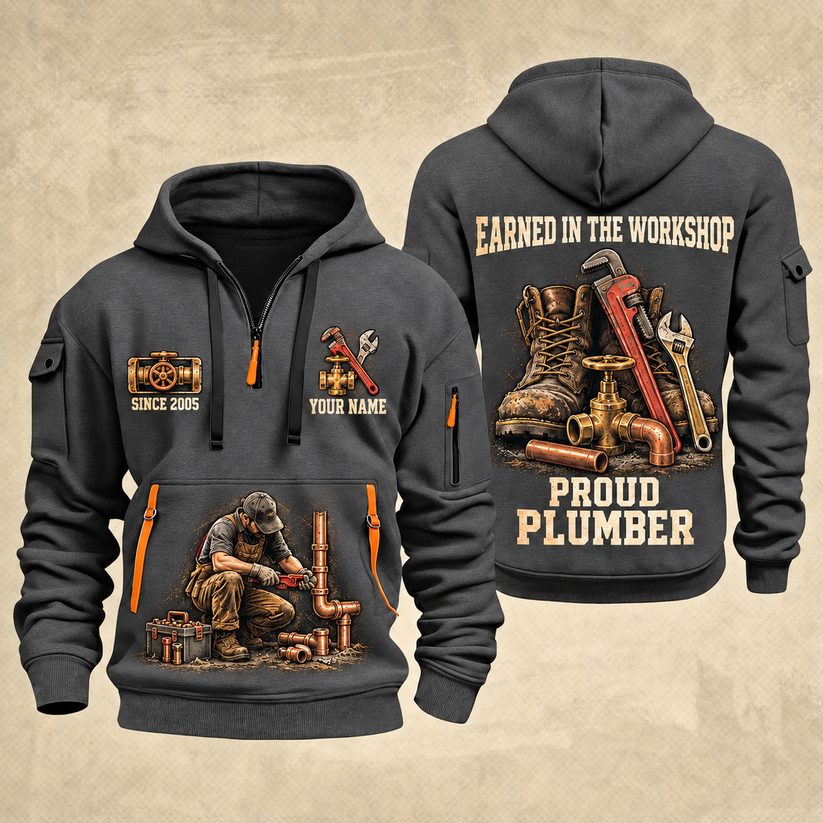 Plumber Earned Every Turn quarter-zip hoodie in Gray, front and back, YOUR NAME and SINCE 2005 artwork