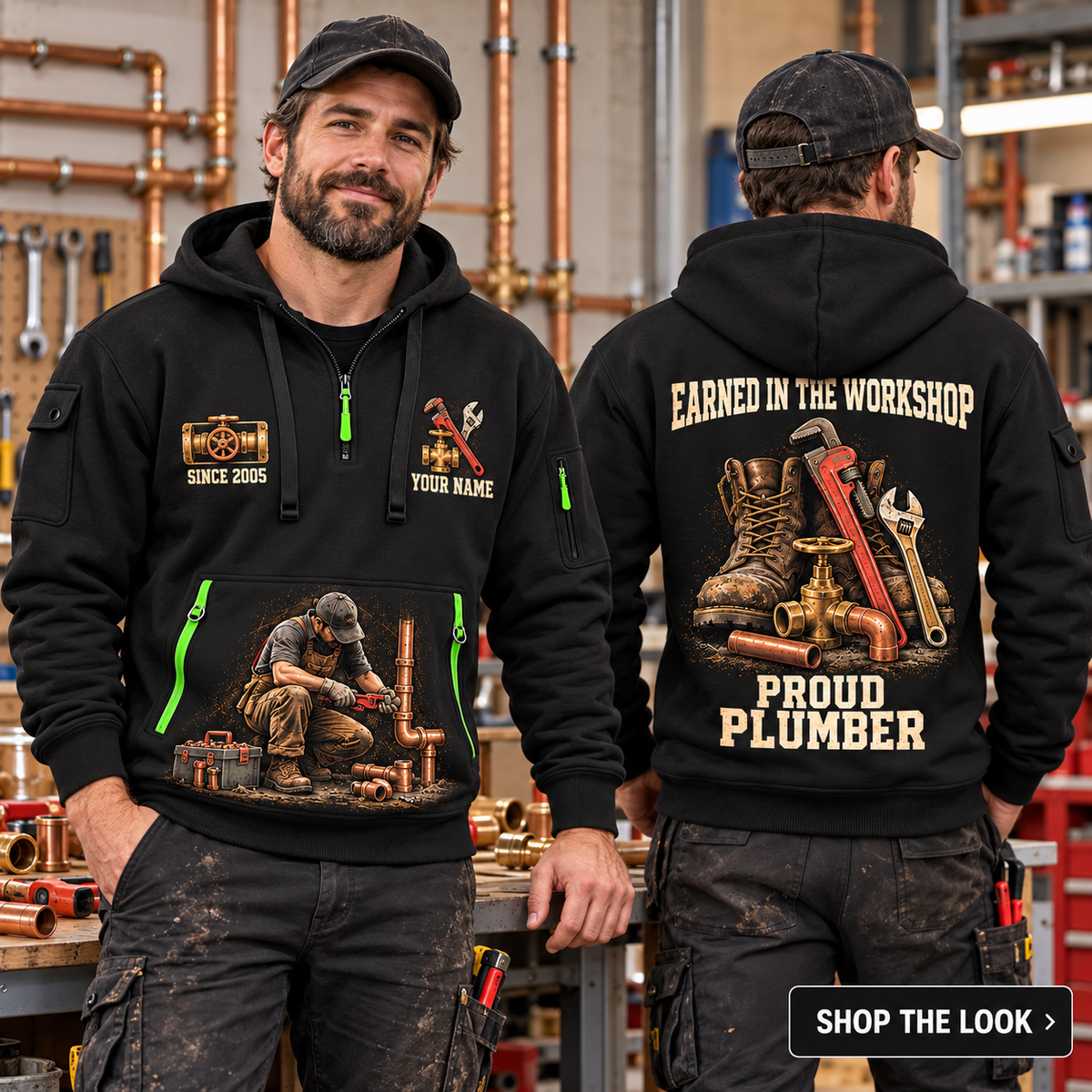 Plumber wearing Earned Every Turn quarter-zip hoodie in their workplace; product introduction and shopping call to action