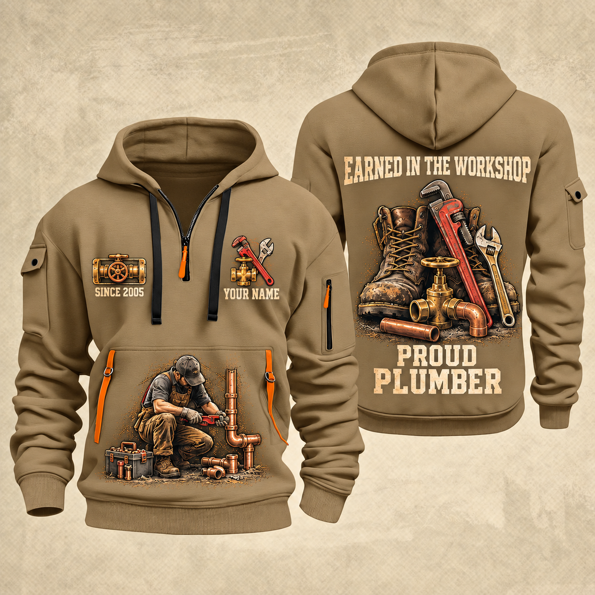 Plumber Earned Every Turn quarter-zip hoodie in Khaki, front and back, YOUR NAME and SINCE 2005 artwork