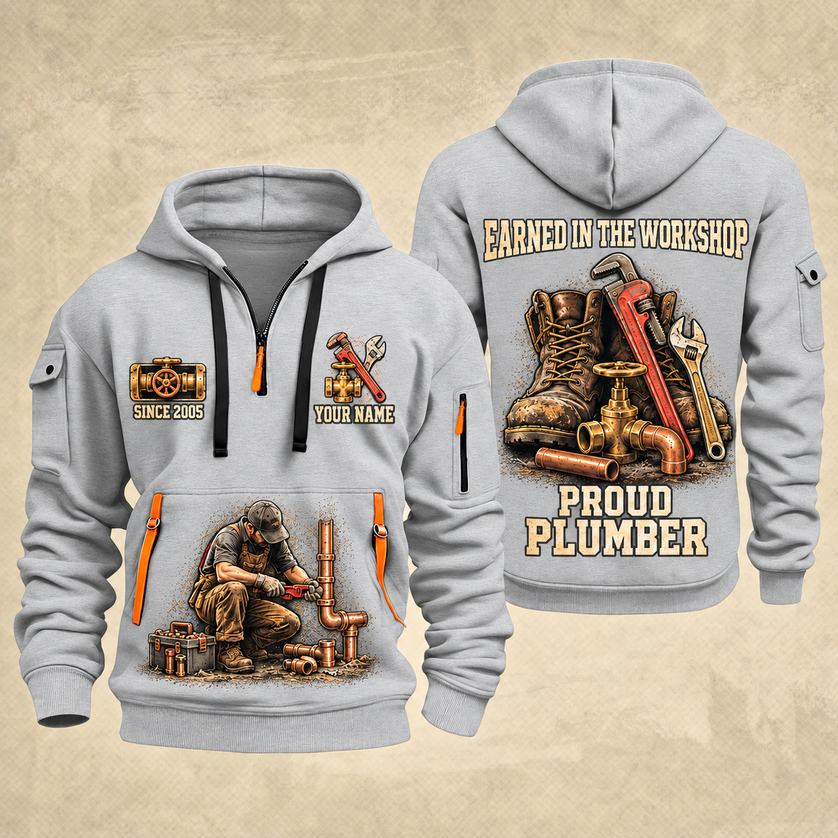 Plumber Earned Every Turn quarter-zip hoodie in Light Grey, front and back, YOUR NAME and SINCE 2005 artwork