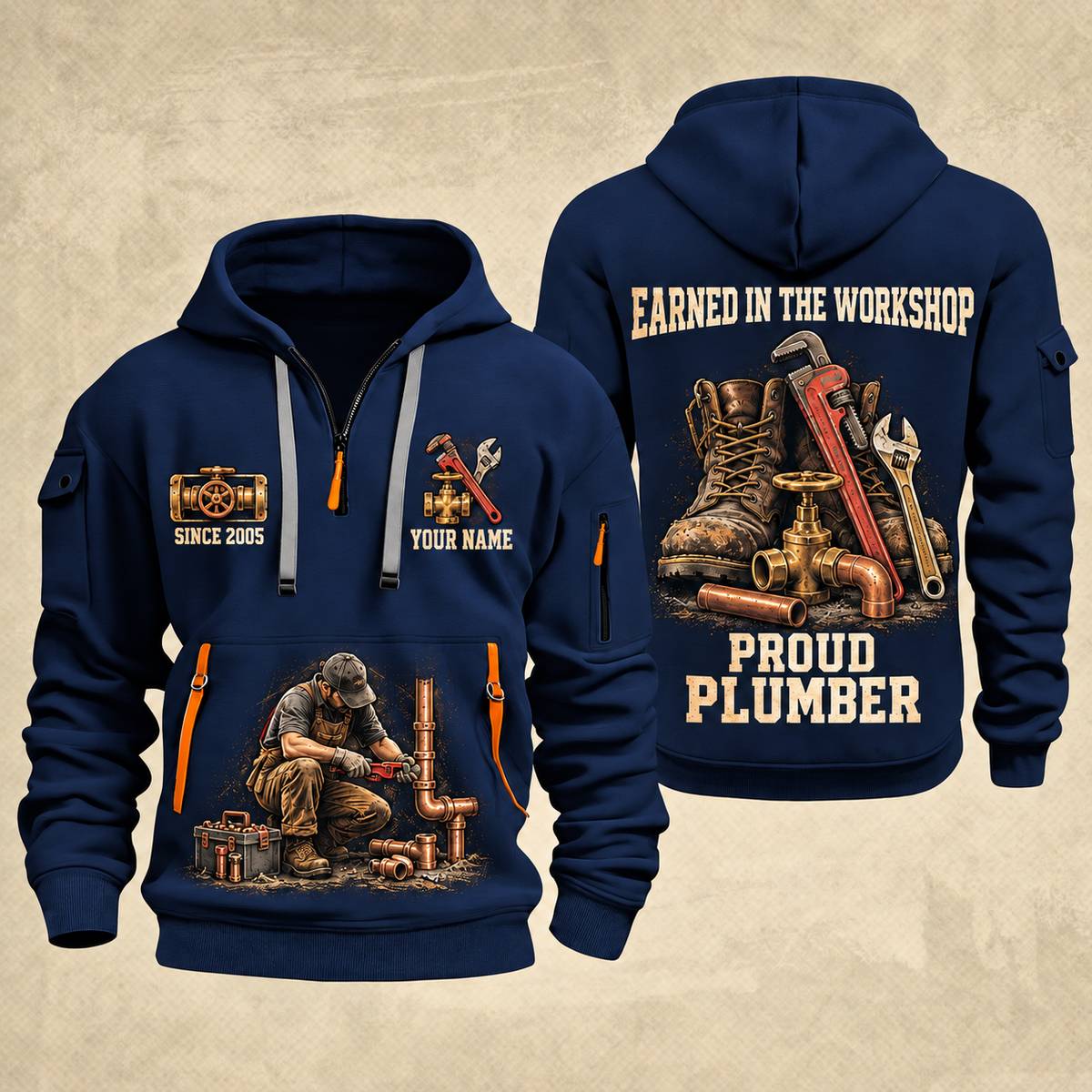 Plumber Earned Every Turn quarter-zip hoodie in Navy, front and back, YOUR NAME and SINCE 2005 artwork