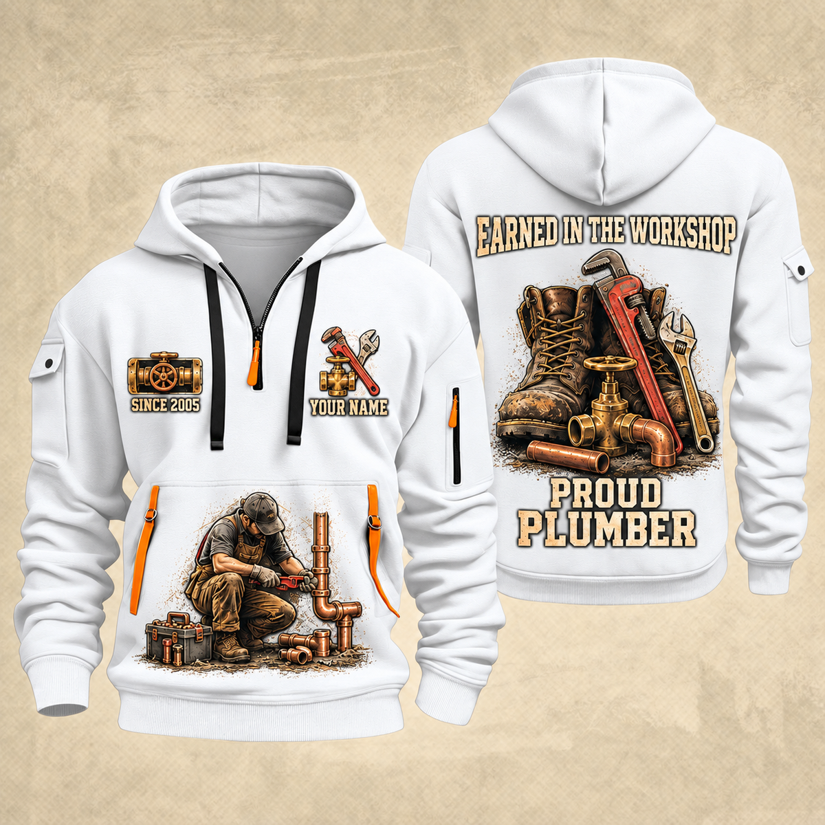 Plumber Earned Every Turn quarter-zip hoodie in White, front and back, YOUR NAME and SINCE 2005 artwork