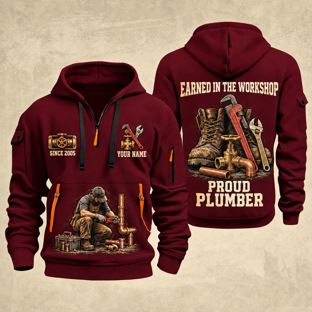 Plumber Earned Every Turn quarter-zip hoodie in Wine Red, front and back, YOUR NAME and SINCE 2005 artwork