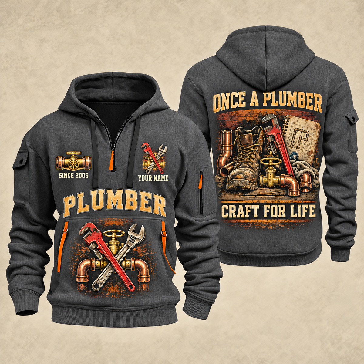 Plumber Trade For Life quarter-zip hoodie in Gray, front and back, YOUR NAME and SINCE 2005 artwork