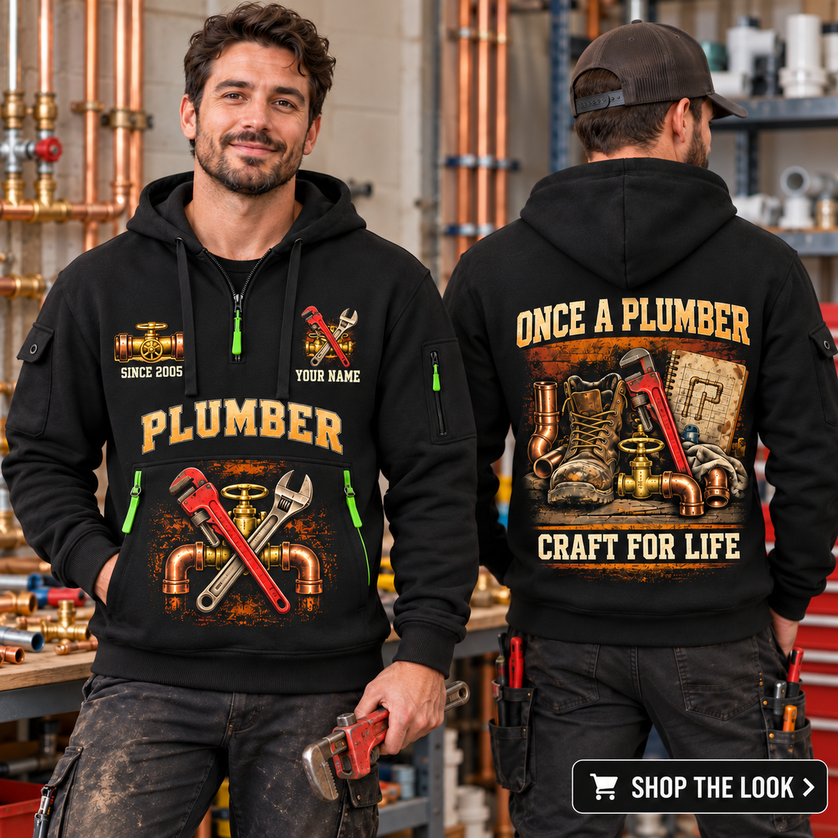 Plumber wearing Trade For Life quarter-zip hoodie in their workplace; product introduction and shopping call to action