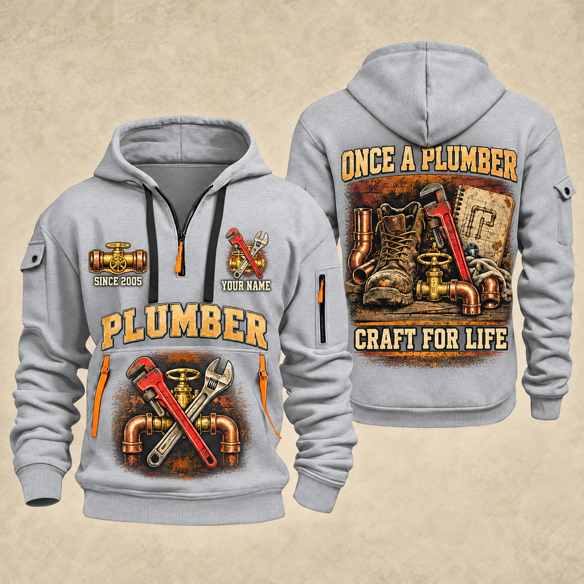 Plumber Trade For Life quarter-zip hoodie in Light Grey, front and back, YOUR NAME and SINCE 2005 artwork
