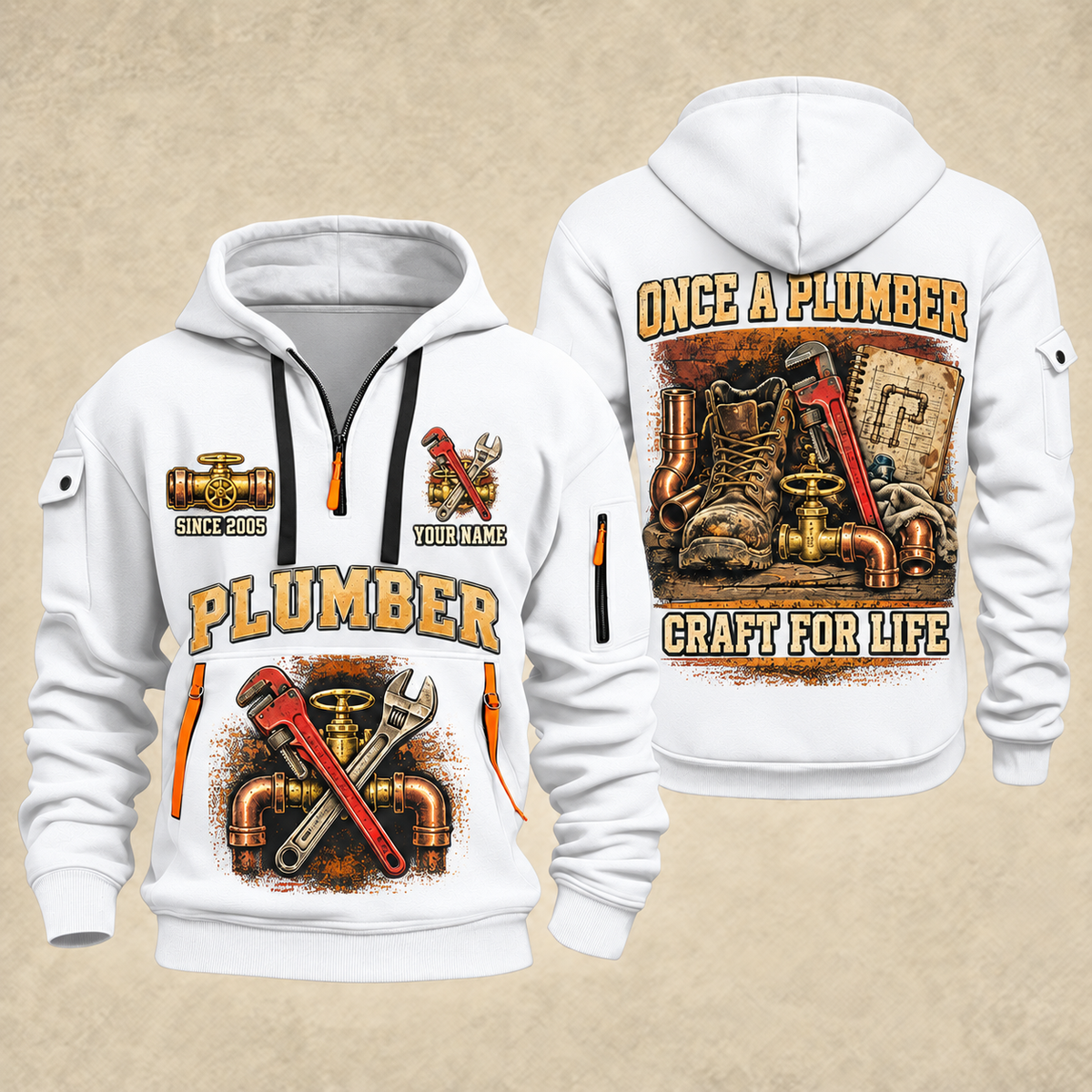 Plumber Trade For Life quarter-zip hoodie in White, front and back, YOUR NAME and SINCE 2005 artwork
