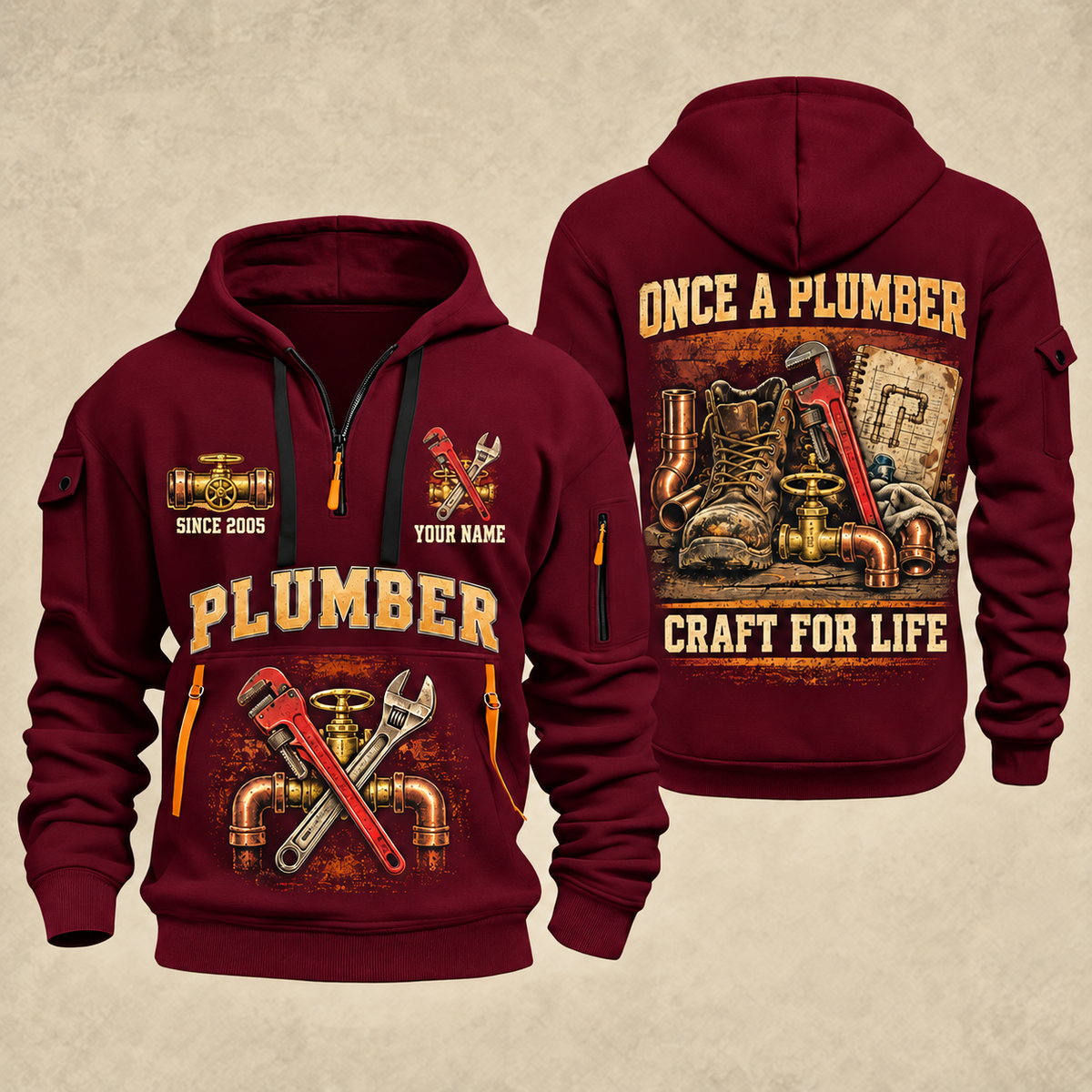 Plumber Trade For Life quarter-zip hoodie in Wine Red, front and back, YOUR NAME and SINCE 2005 artwork
