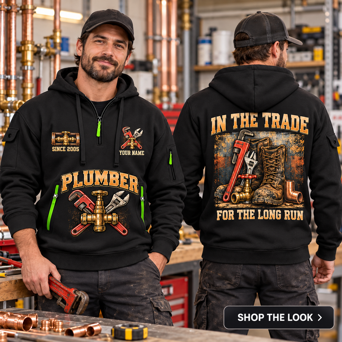 Plumber wearing Forever In The Trade quarter-zip hoodie in their workplace; product introduction and shopping call to action