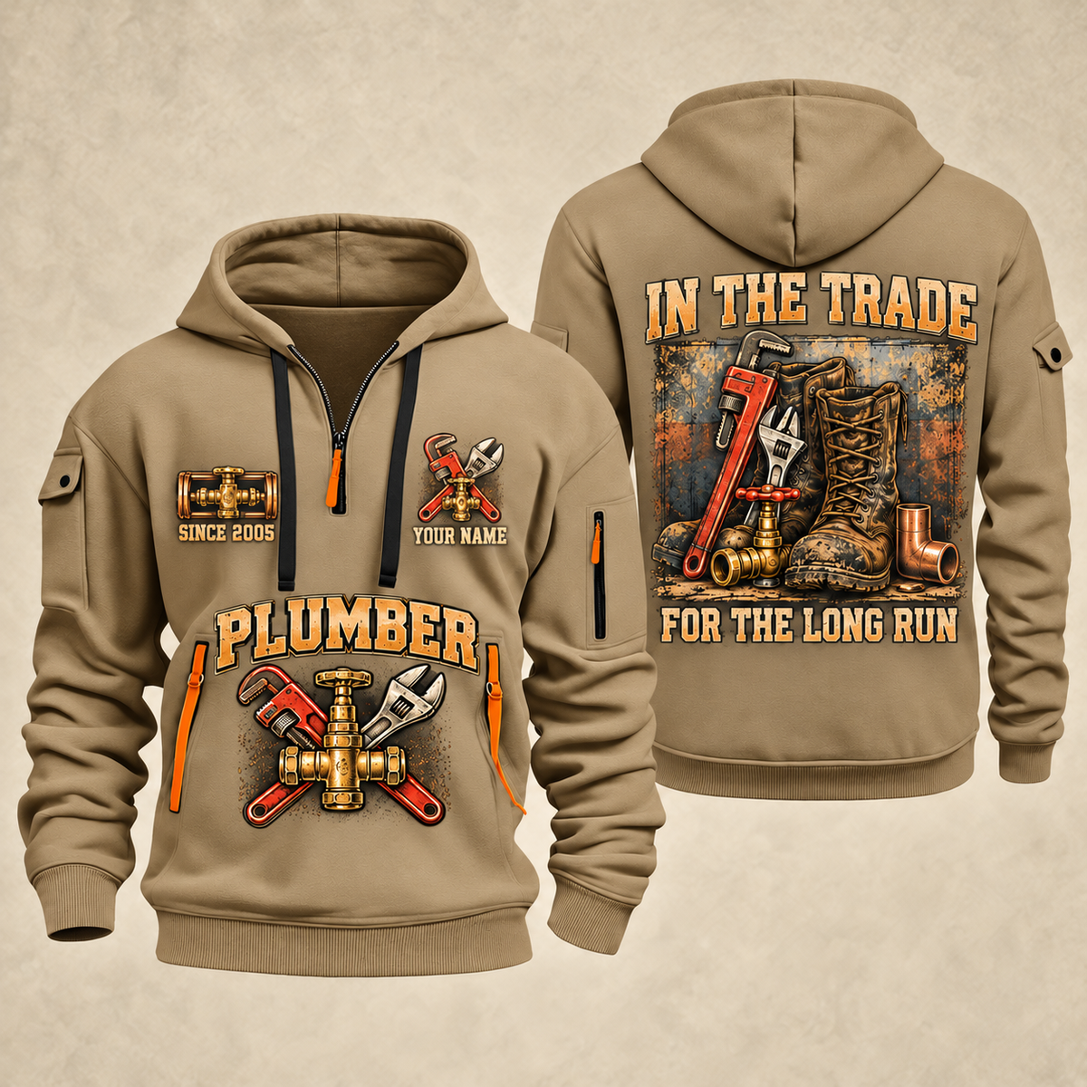 Plumber Forever In The Trade quarter-zip hoodie in Khaki, front and back, YOUR NAME and SINCE 2005 artwork