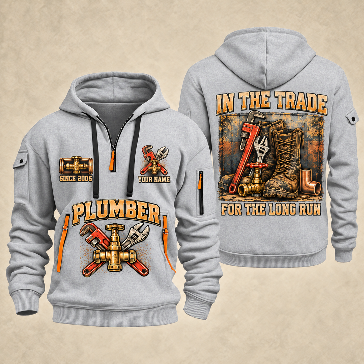 Plumber Forever In The Trade quarter-zip hoodie in Light Grey, front and back, YOUR NAME and SINCE 2005 artwork