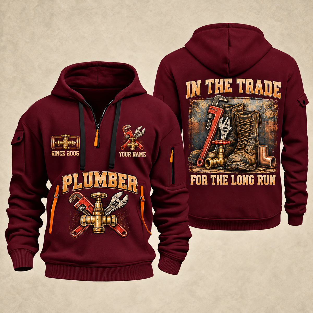 Plumber Forever In The Trade quarter-zip hoodie in Wine Red, front and back, YOUR NAME and SINCE 2005 artwork