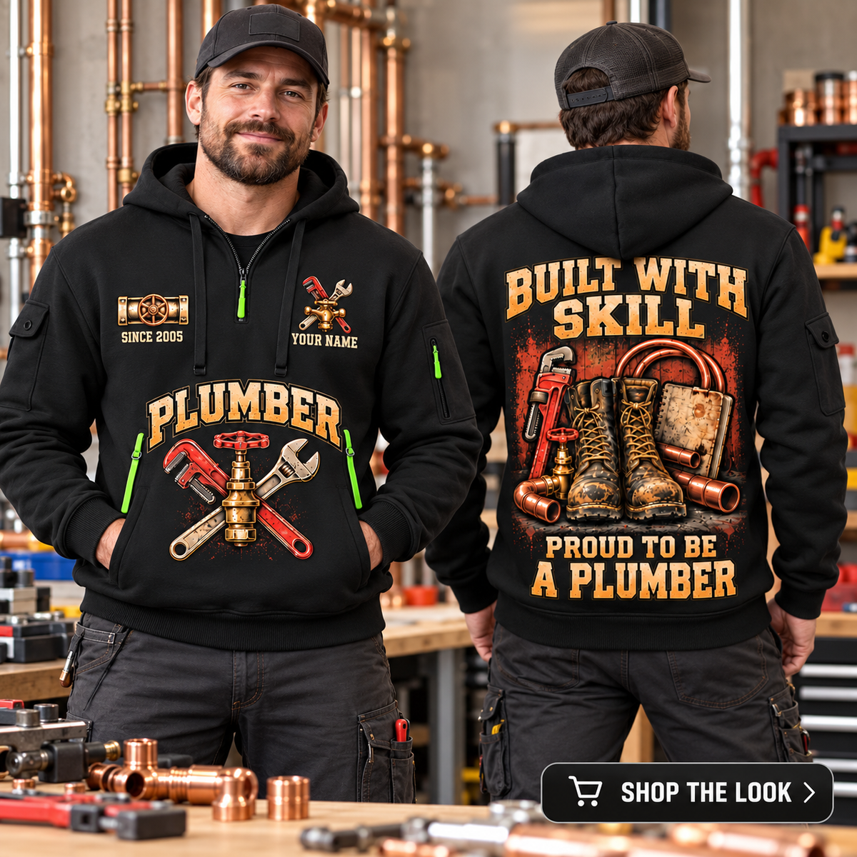 Plumber wearing Skill In Every Joint quarter-zip hoodie in their workplace; product introduction and shopping call to action