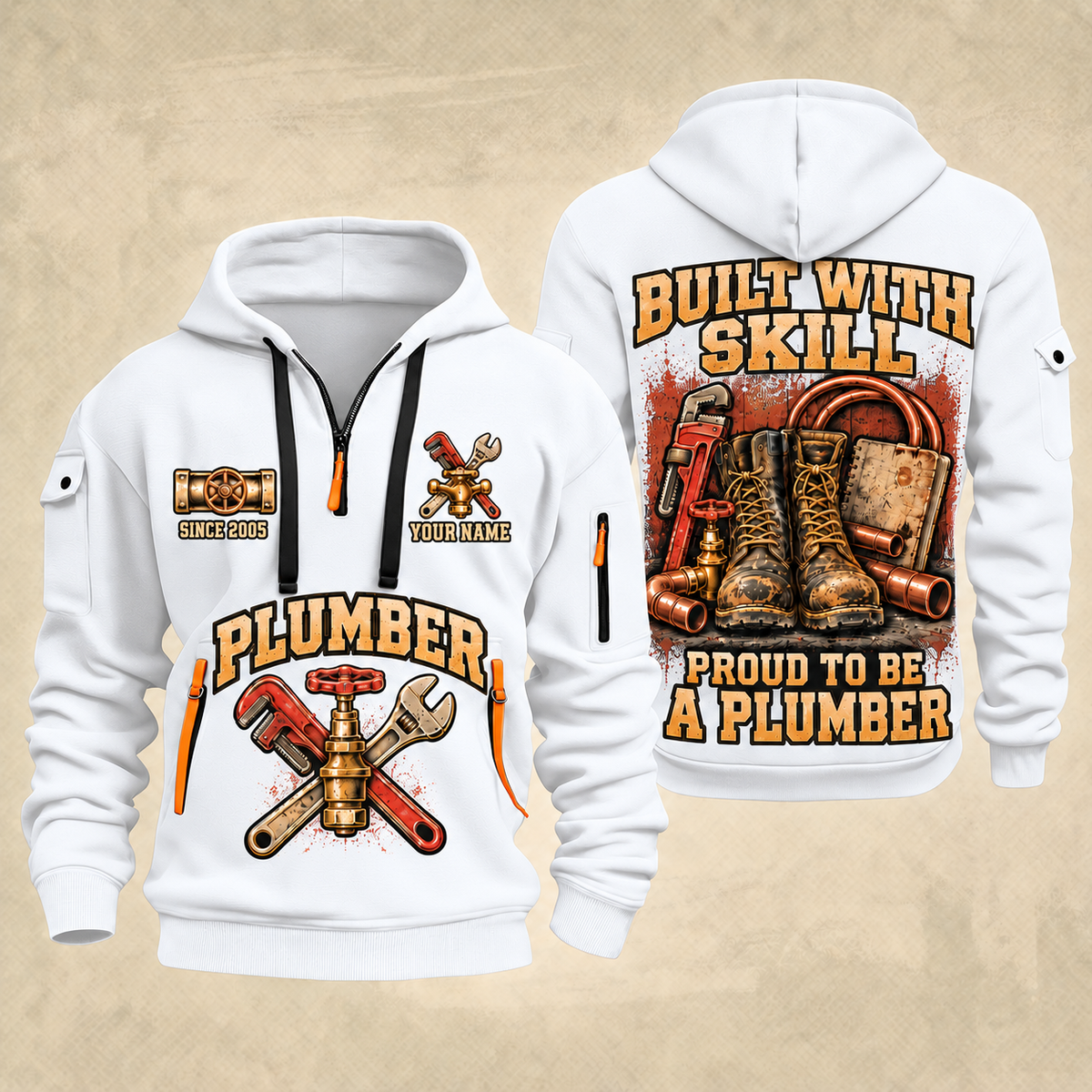 Plumber Skill In Every Joint quarter-zip hoodie in White, front and back, YOUR NAME and SINCE 2005 artwork