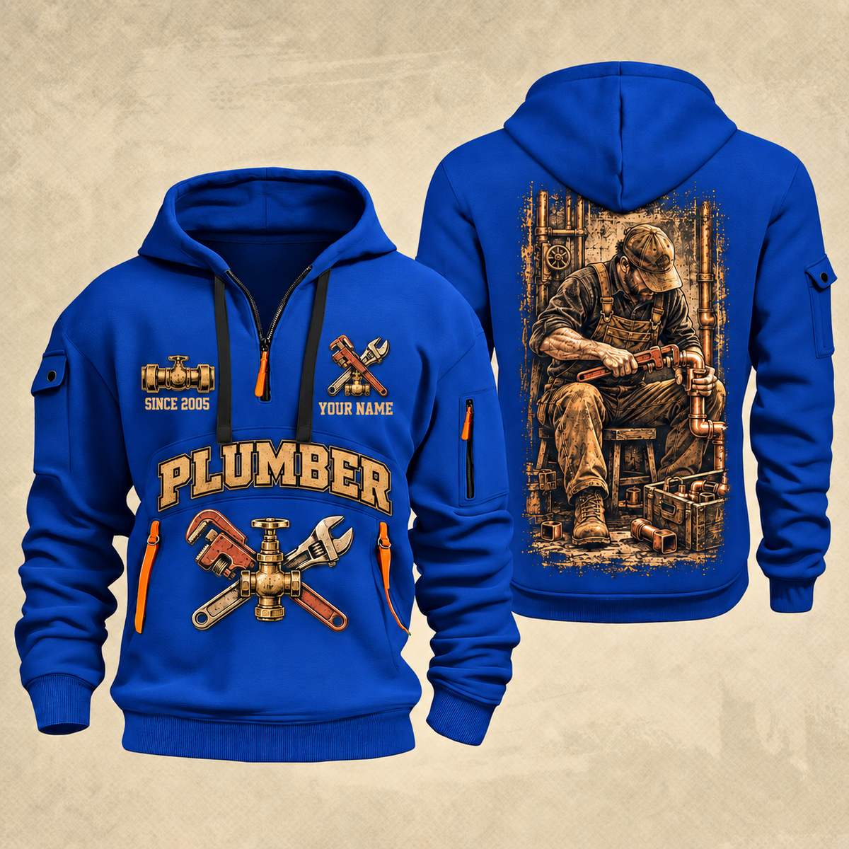 Plumber Golden Flow quarter-zip hoodie in Blue, front and back, YOUR NAME and SINCE 2005 artwork