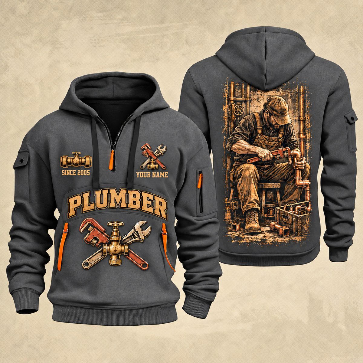 Plumber Golden Flow quarter-zip hoodie in Gray, front and back, YOUR NAME and SINCE 2005 artwork