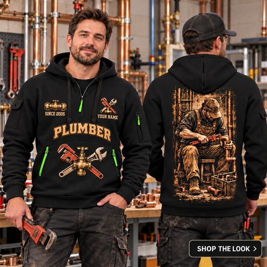 Plumber wearing Golden Flow quarter-zip hoodie in their workplace; product introduction and shopping call to action