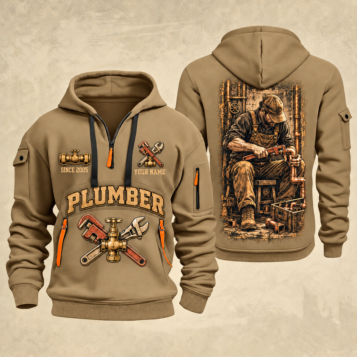 Plumber Golden Flow quarter-zip hoodie in Khaki, front and back, YOUR NAME and SINCE 2005 artwork