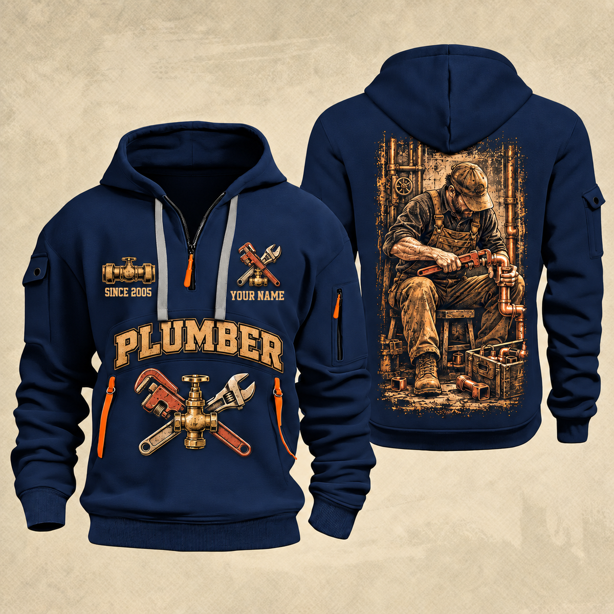 Plumber Golden Flow quarter-zip hoodie in Navy, front and back, YOUR NAME and SINCE 2005 artwork