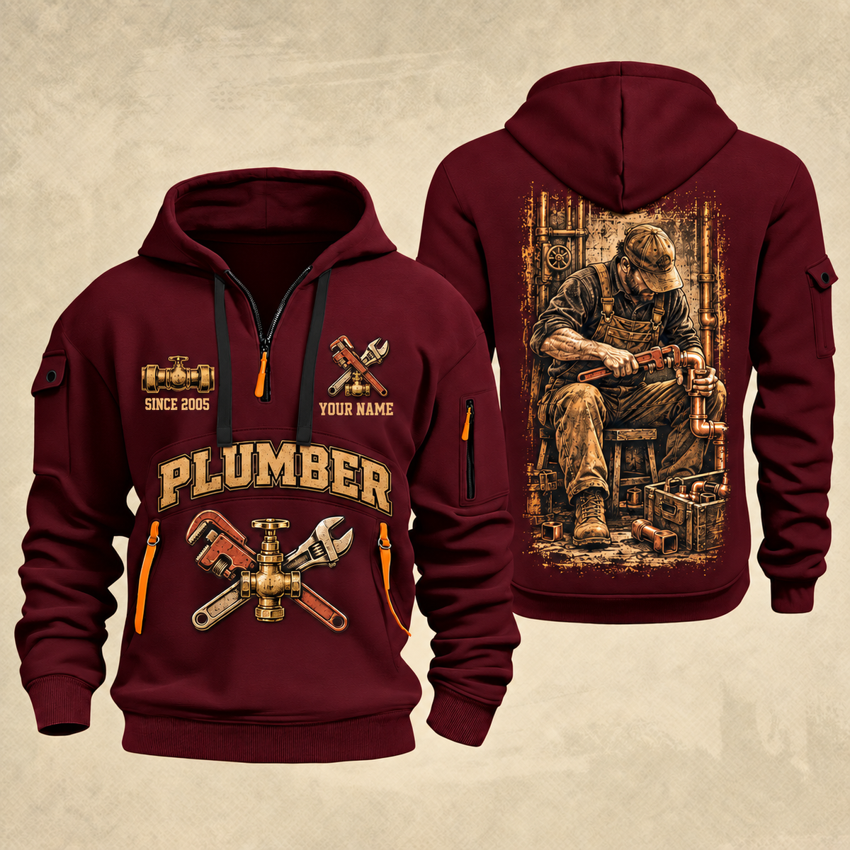 Plumber Golden Flow quarter-zip hoodie in Wine Red, front and back, YOUR NAME and SINCE 2005 artwork