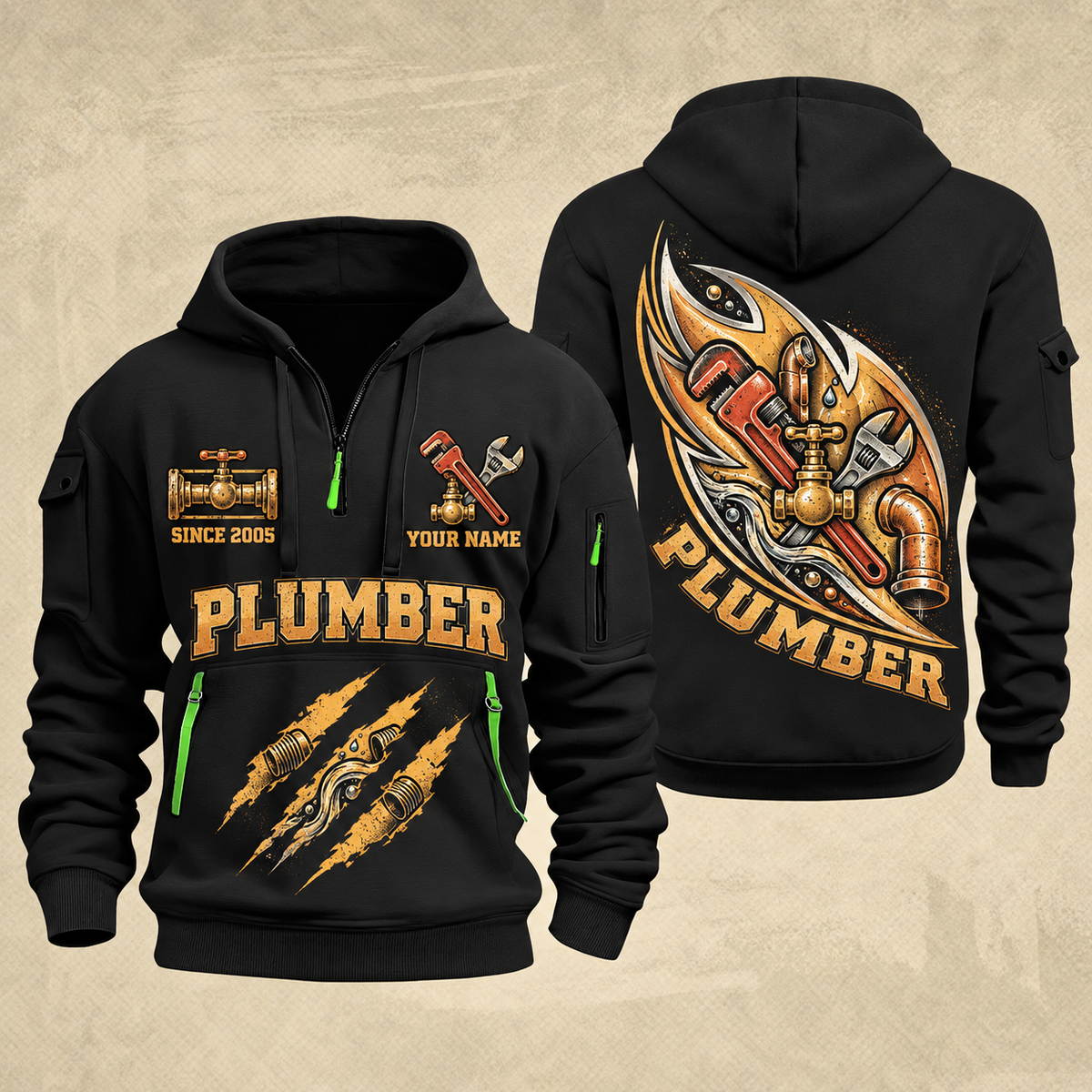 Plumber Flow In Motion quarter-zip hoodie in Black, front and back, YOUR NAME and SINCE 2005 artwork