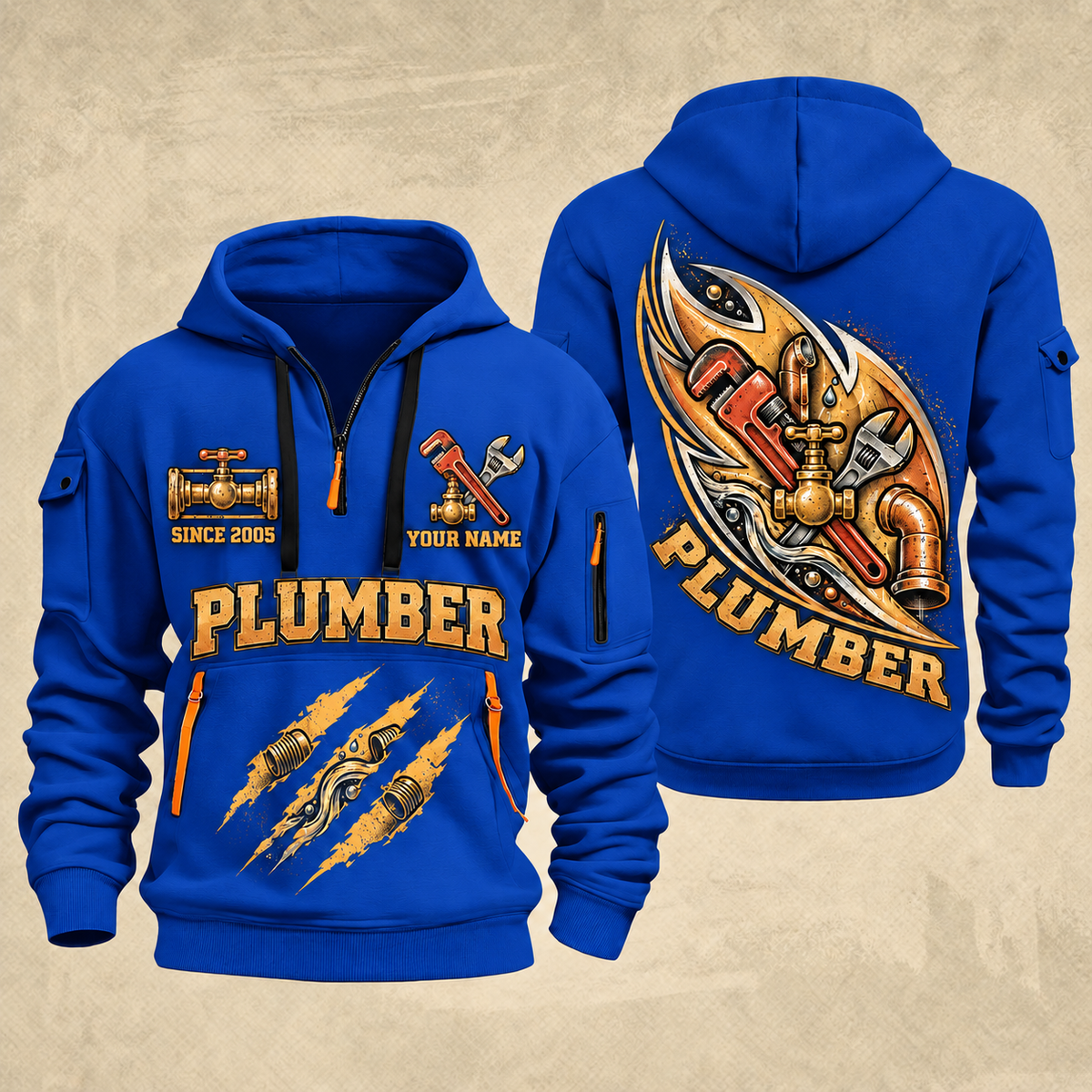 Plumber Flow In Motion quarter-zip hoodie in Blue, front and back, YOUR NAME and SINCE 2005 artwork