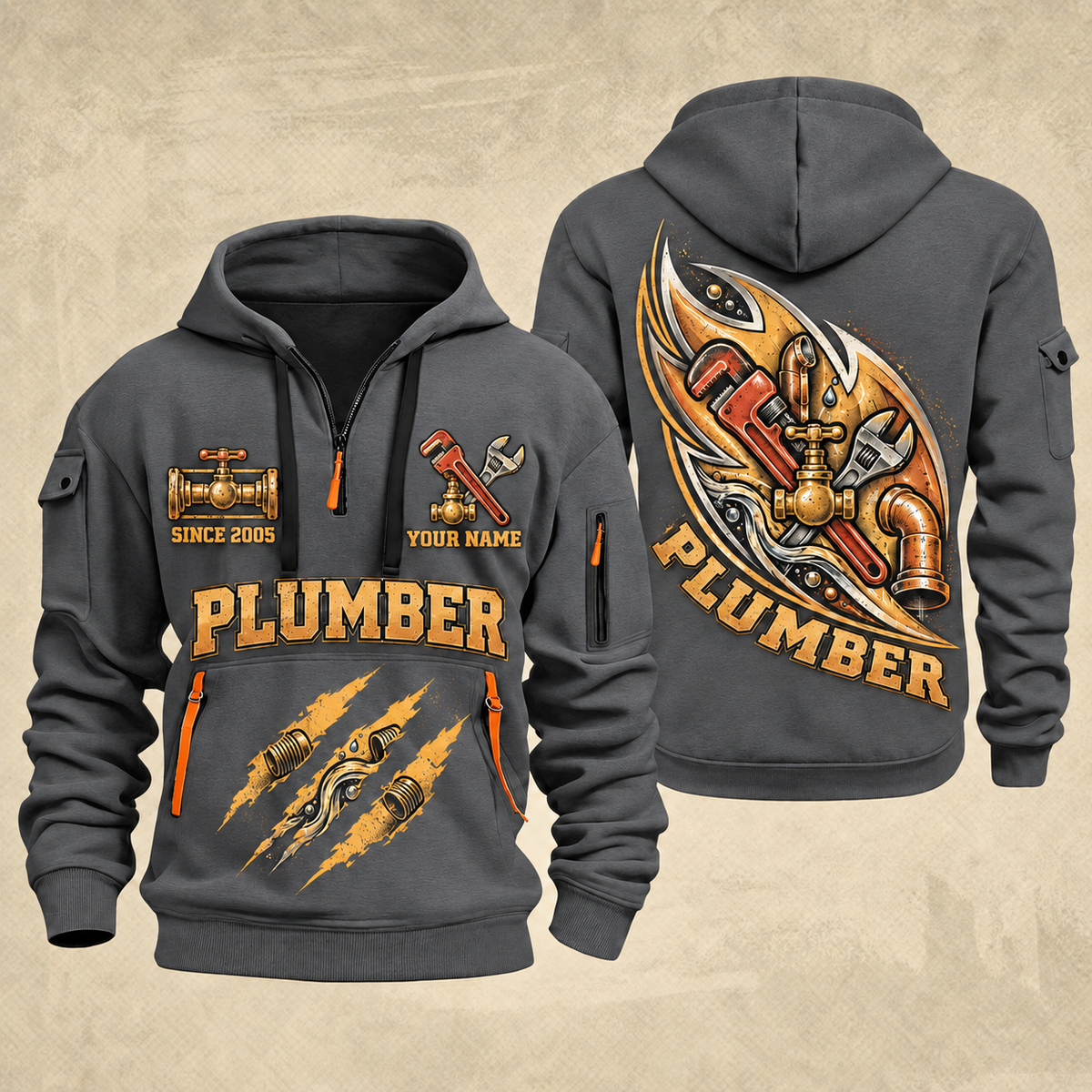 Plumber Flow In Motion quarter-zip hoodie in Gray, front and back, YOUR NAME and SINCE 2005 artwork