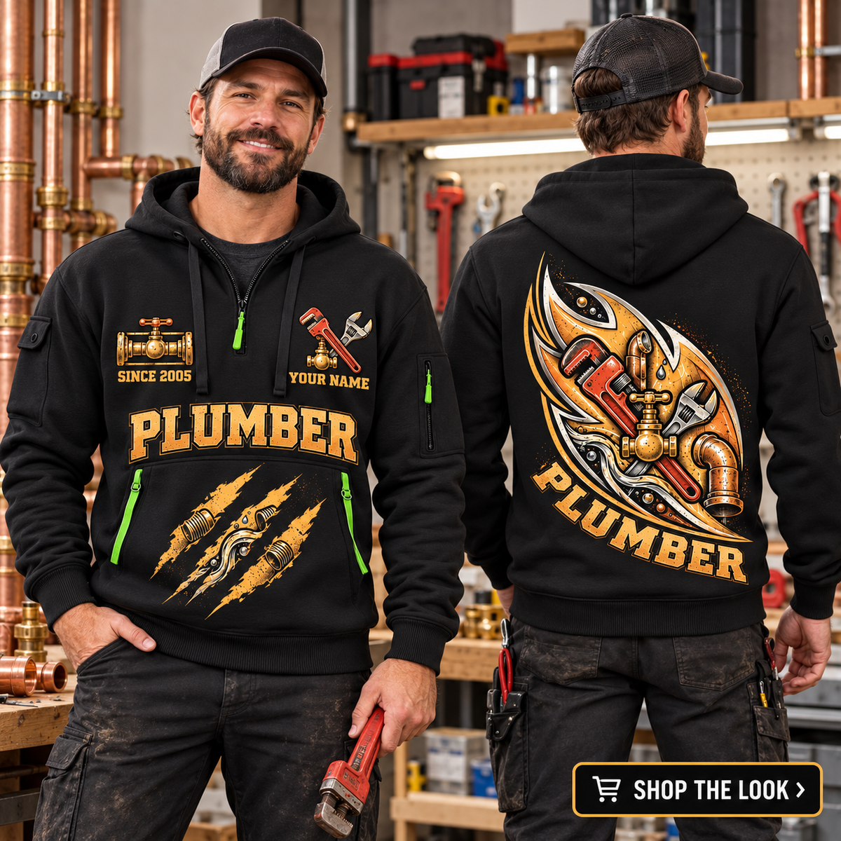 Plumber wearing Flow In Motion quarter-zip hoodie in their workplace; product introduction and shopping call to action