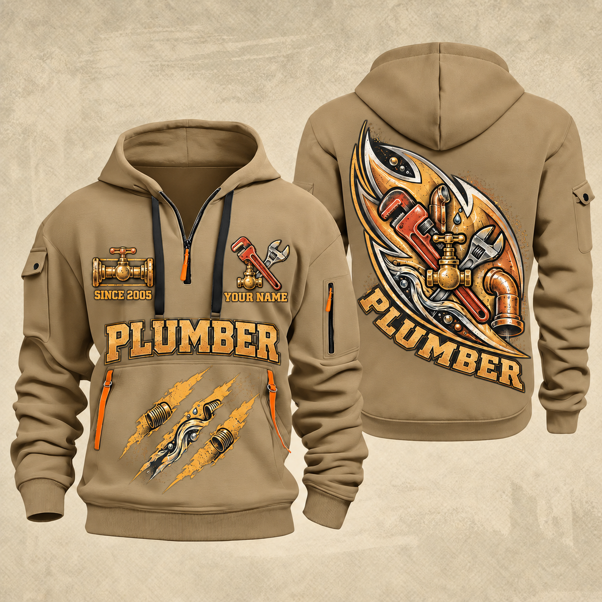 Plumber Flow In Motion quarter-zip hoodie in Khaki, front and back, YOUR NAME and SINCE 2005 artwork