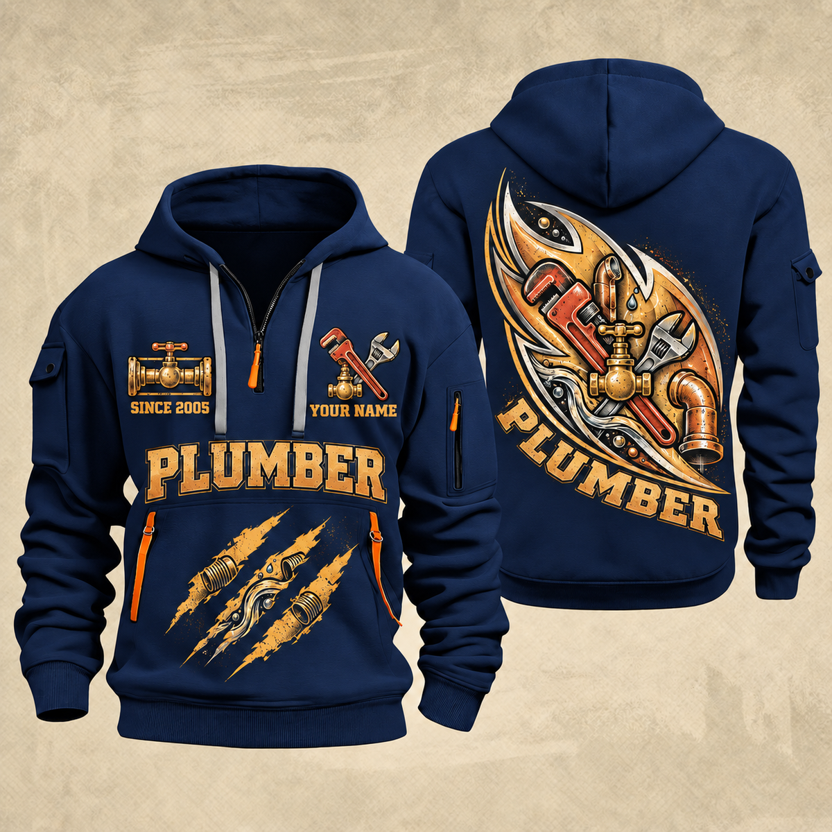 Plumber Flow In Motion quarter-zip hoodie in Navy, front and back, YOUR NAME and SINCE 2005 artwork
