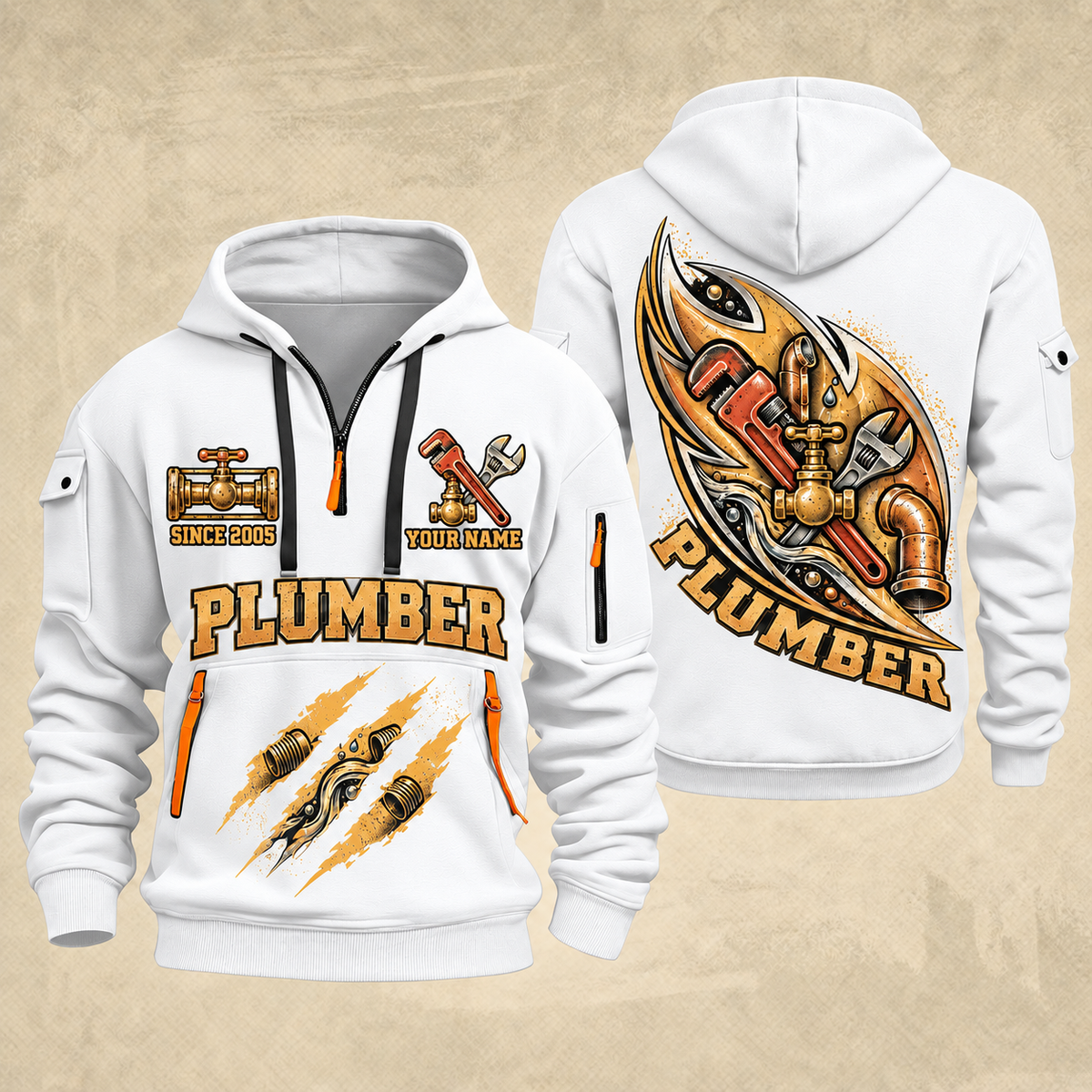 Plumber Flow In Motion quarter-zip hoodie in White, front and back, YOUR NAME and SINCE 2005 artwork