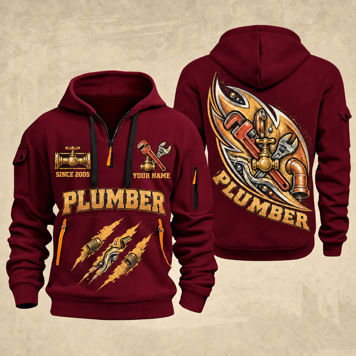 Plumber Flow In Motion quarter-zip hoodie in Wine Red, front and back, YOUR NAME and SINCE 2005 artwork