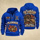 Plumber The Craft Never Ends quarter-zip hoodie in Blue, front and back, YOUR NAME and SINCE 2005 artwork