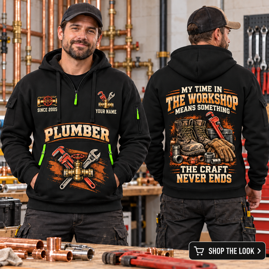 Plumber wearing The Craft Never Ends quarter-zip hoodie in their workplace; product introduction and shopping call to action