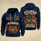 Plumber The Craft Never Ends quarter-zip hoodie in Navy, front and back, YOUR NAME and SINCE 2005 artwork