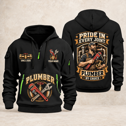 Plumber Pride In Every Joint quarter-zip hoodie in Black, front and back, YOUR NAME and SINCE 2005 artwork