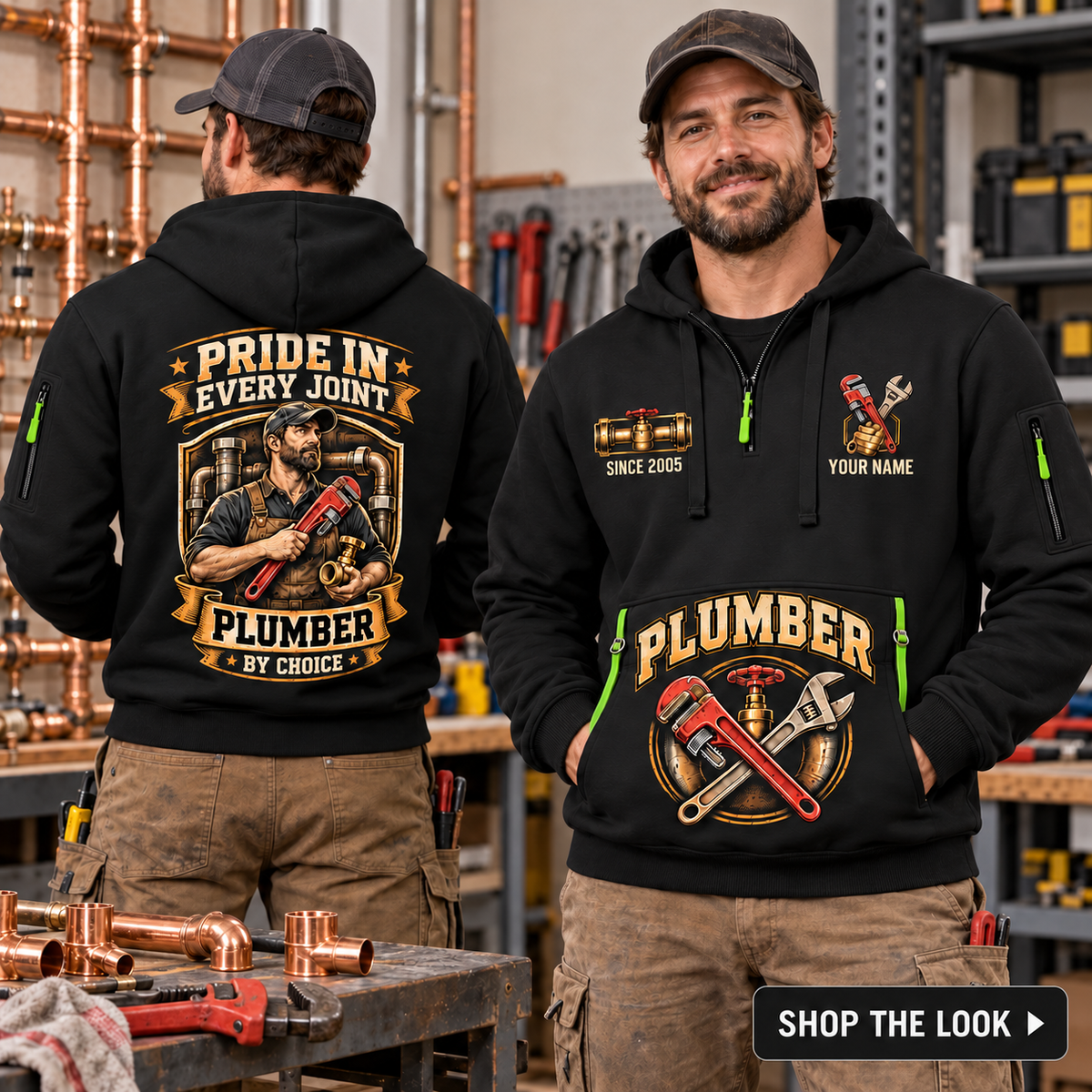 Plumber wearing Pride In Every Joint quarter-zip hoodie in their workplace; product introduction and shopping call to action