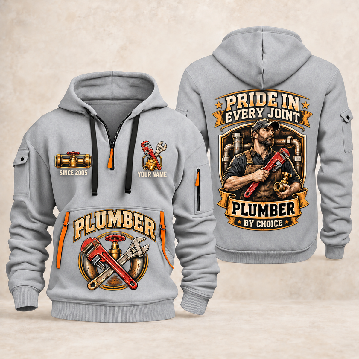 Plumber Pride In Every Joint quarter-zip hoodie in Light Grey, front and back, YOUR NAME and SINCE 2005 artwork