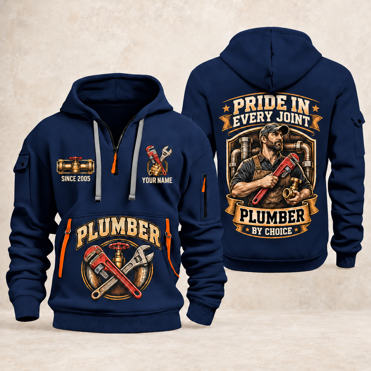 Plumber Pride In Every Joint quarter-zip hoodie in Navy, front and back, YOUR NAME and SINCE 2005 artwork