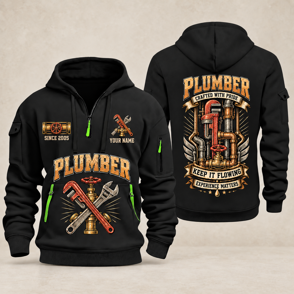 Plumber Keep It Flowing quarter-zip hoodie in Black, front and back, YOUR NAME and SINCE 2005 artwork